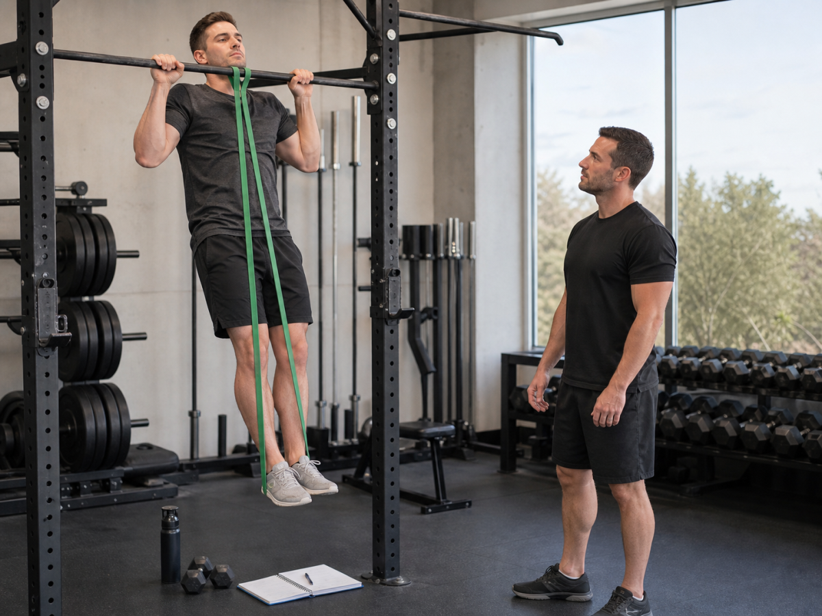 Athlete using a resistance band for assisted pull-up practice with a coach nearby