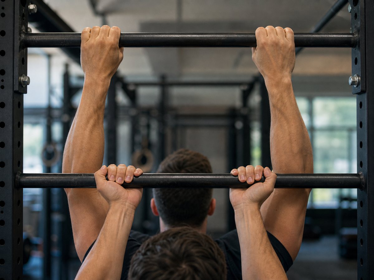 Overhand and underhand grip examples on straight gym pull-up bars