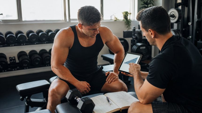 Coach reviewing hypertrophy training progress with a lifter in a modern gym