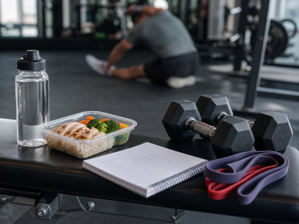 Protein meal, water, training notebook, bands, and dumbbells on a gym bench for hypertrophy recovery