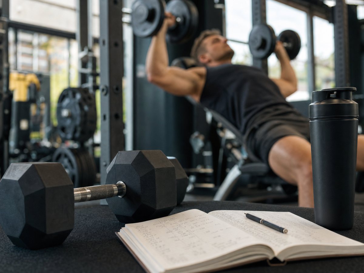 Dumbbells, training log, shaker bottle, and incline press setup for hypertrophy training volume