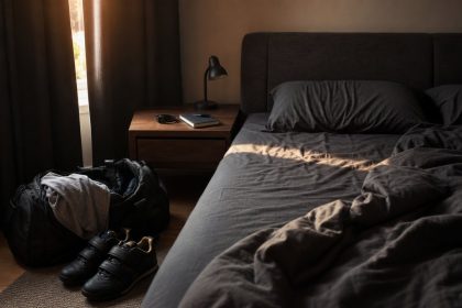 Bedroom with gym bag, lifting shoes, and sleep tracker for sleep and testosterone recovery