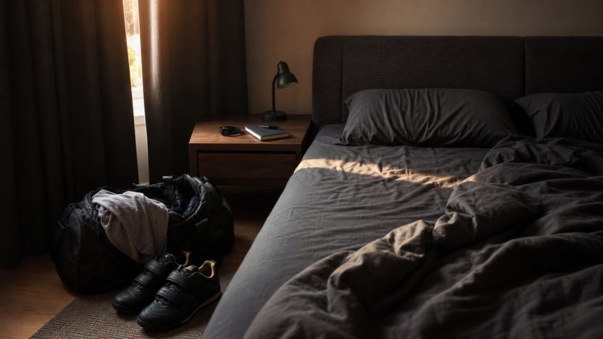 Bedroom with gym bag, lifting shoes, and sleep tracker for sleep and testosterone recovery