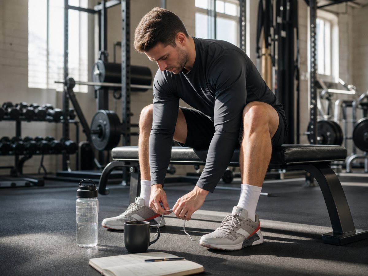Morning lifter tying shoes near a bench with water and training log