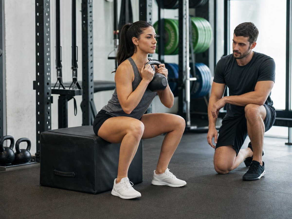 Lifter performing a controlled goblet squat to a box while a coach observes