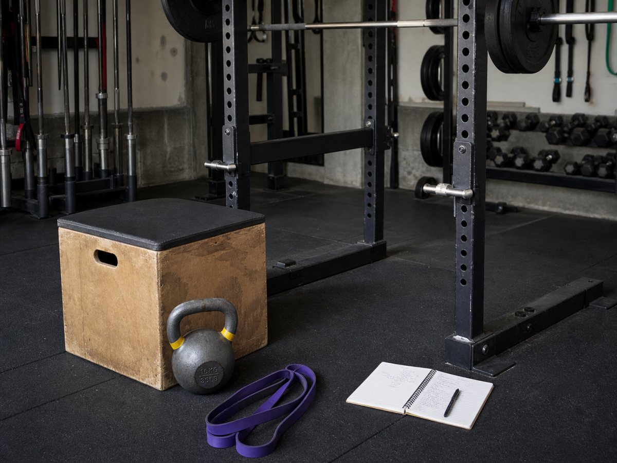 Squat rack, box, kettlebell, resistance band, and notebook for squat regressions