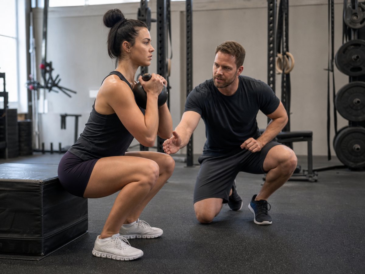 Coach observing a controlled goblet squat to a box for depth and knee tracking practice