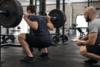 Coach-supervised barbell squat biomechanics session in a modern strength gym