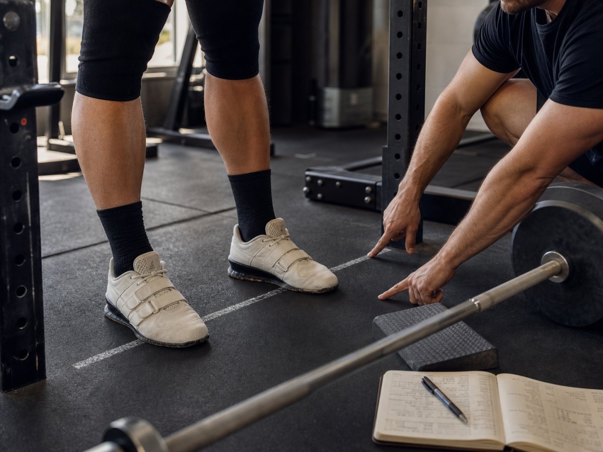Squat troubleshooting setup with barbell, lifting shoes, mobility wedge, resistance band, and training log