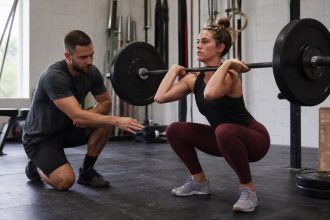 Coach guiding a lifter through controlled front squat practice in a gym