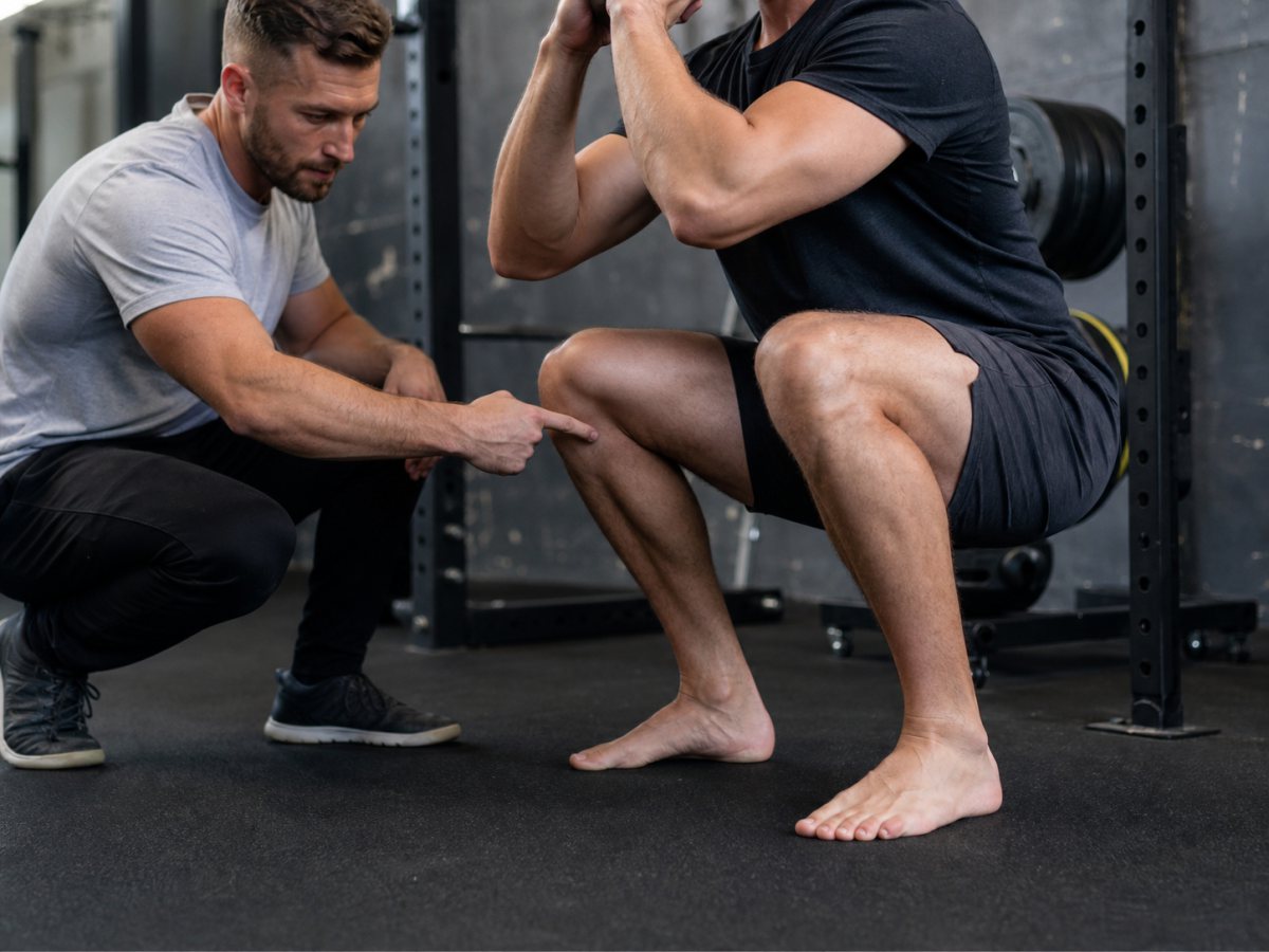 Coach checking knee tracking and foot pressure during a bodyweight squat assessment