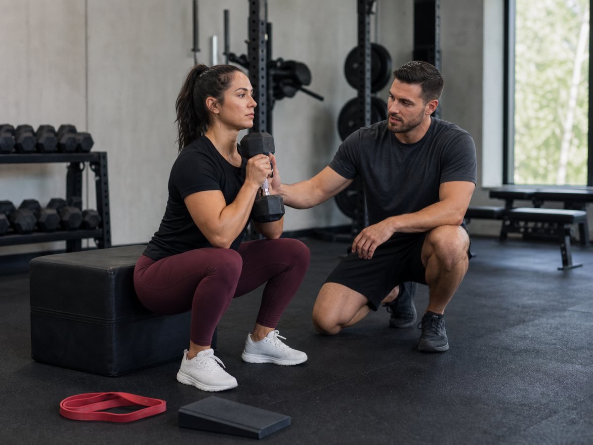 Lifter practicing a controlled dumbbell box squat with a coach nearby