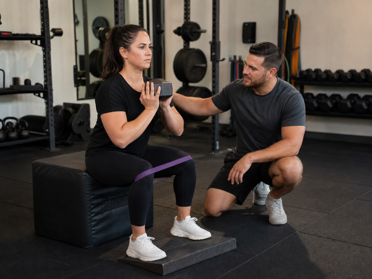 Lifter practicing a scaled box squat with a coach and resistance band nearby