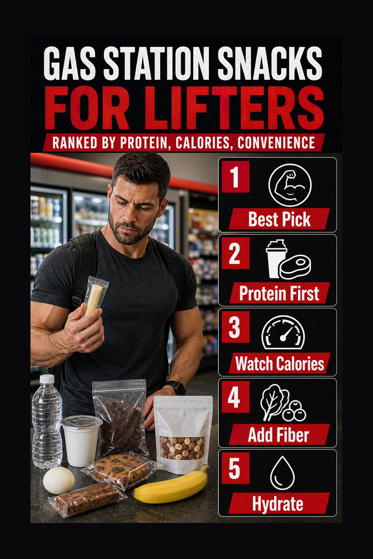 Labeled gas station snack ranking guide for lifters