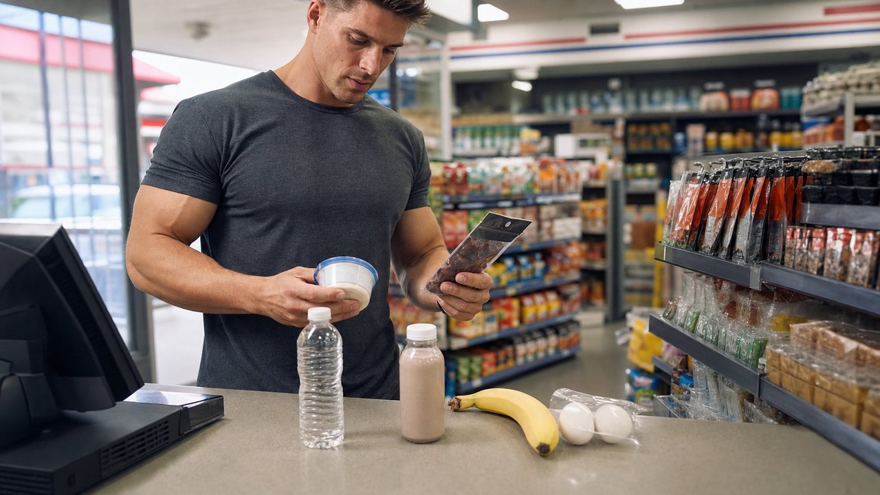 Lifter choosing high-protein snacks at a gas station counter