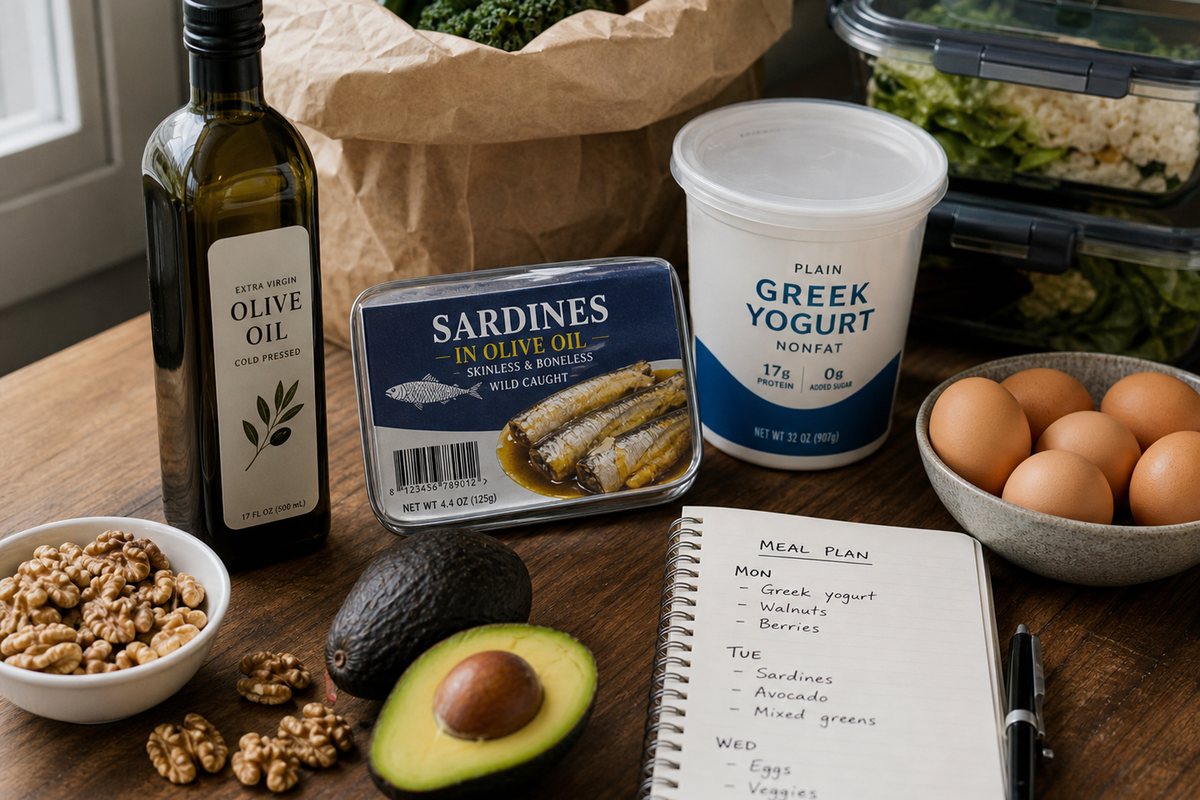 Healthy fat grocery setup with olive oil sardines eggs avocado walnuts and meal plan