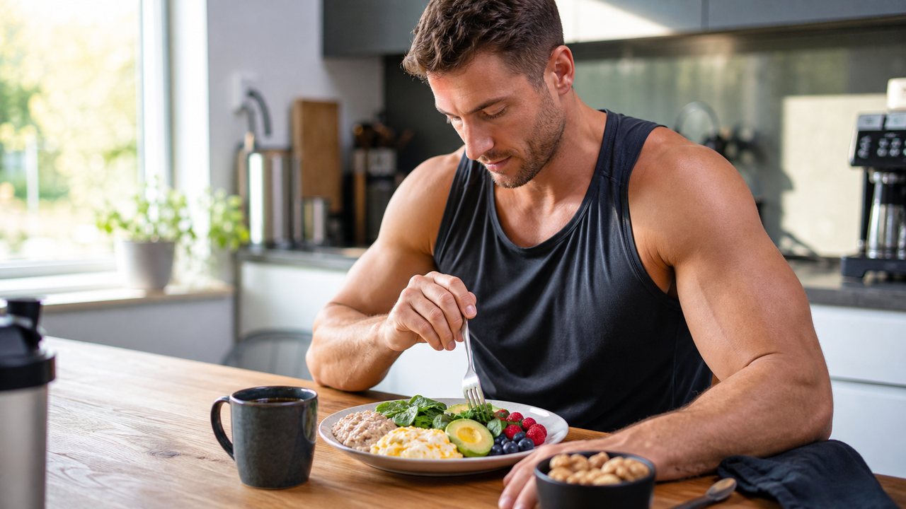 Athlete eating a high-protein breakfast with colorful whole foods