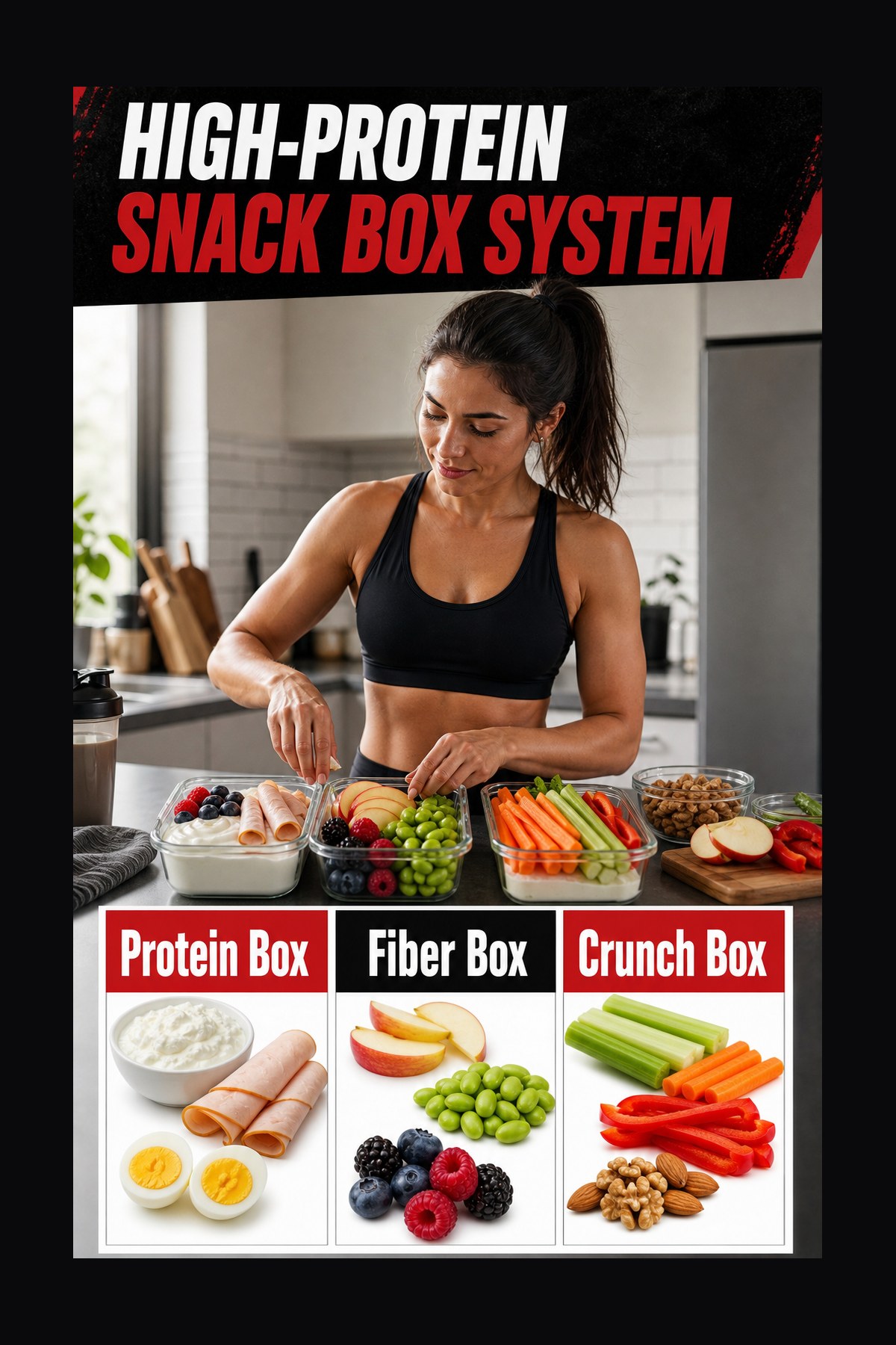 Labeled high-protein snack box system graphic