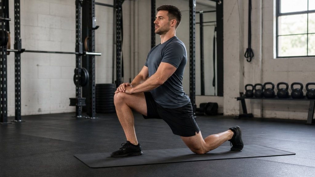 A half-kneeling hip mobility setup helps lifters prepare for better squat and lunge positions.