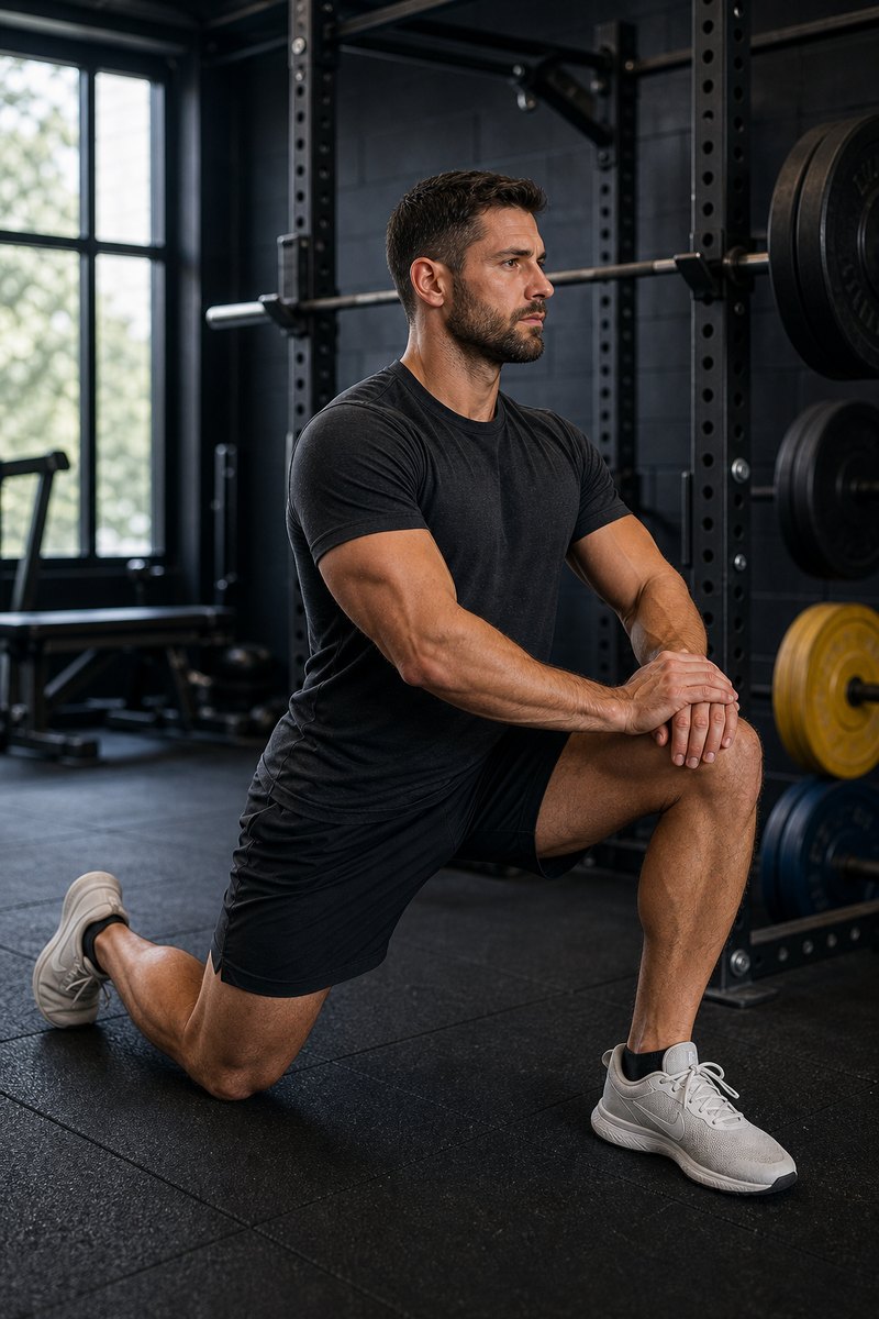 Lifter performing a hip mobility warm-up in a gym