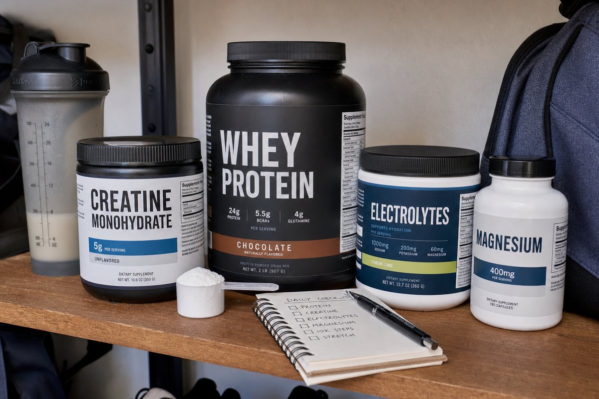 Labeled supplement containers on a practical lifter supplement shelf