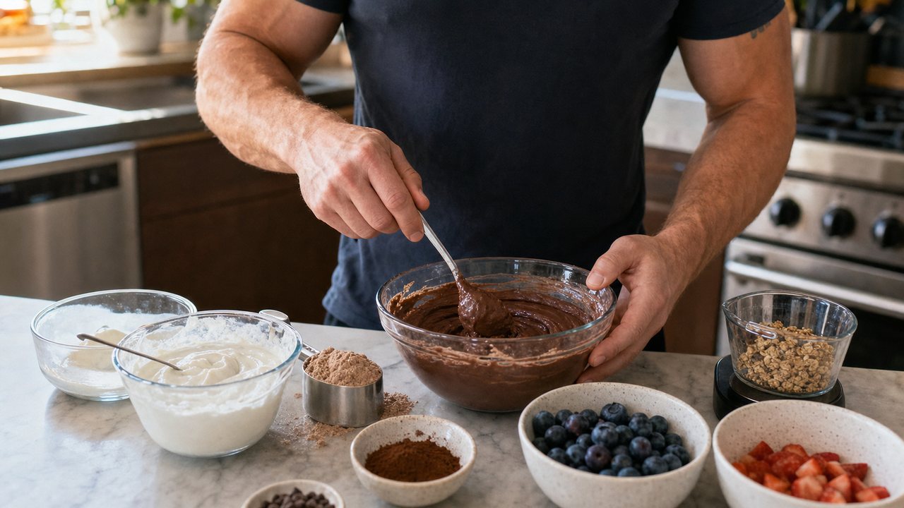 Lifter mixing chocolate protein pudding with yogurt, berries, and toppings