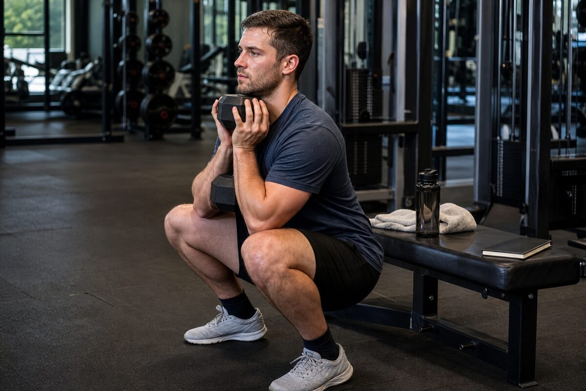 Lifter doing a controlled goblet squat while restarting a workout routine