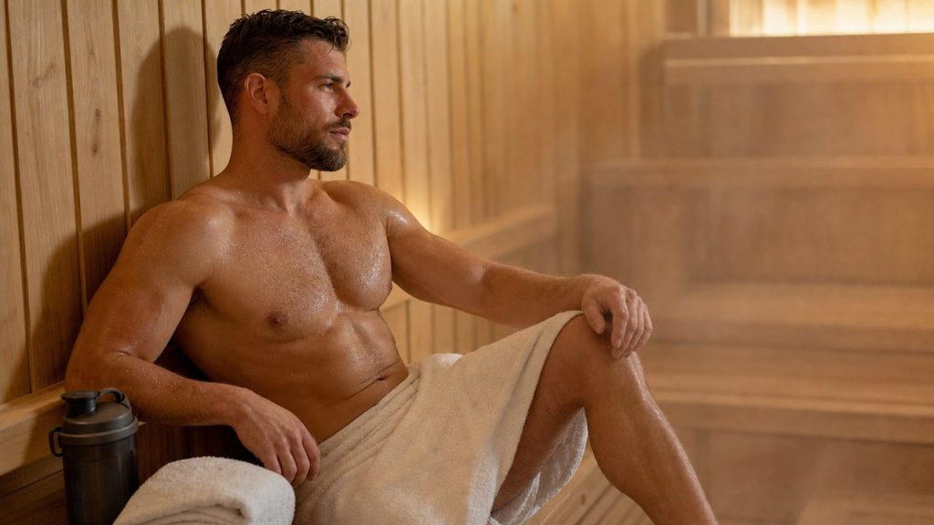 Muscular man relaxing in a sauna after a workout
