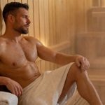Muscular man relaxing in a sauna after a workout