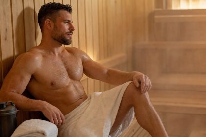 Muscular man relaxing in a sauna after a workout