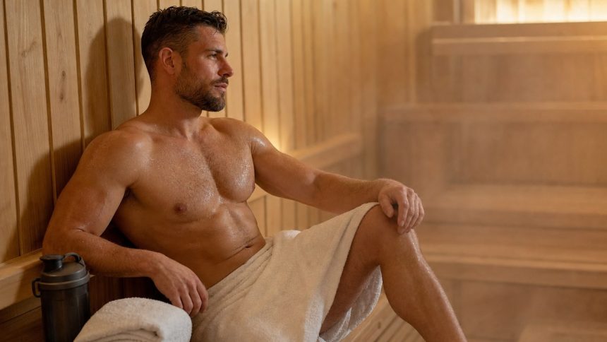 Muscular man relaxing in a sauna after a workout