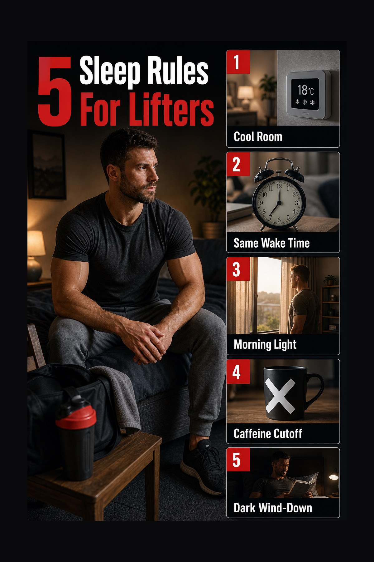 Labeled sleep recovery rules graphic for lifters