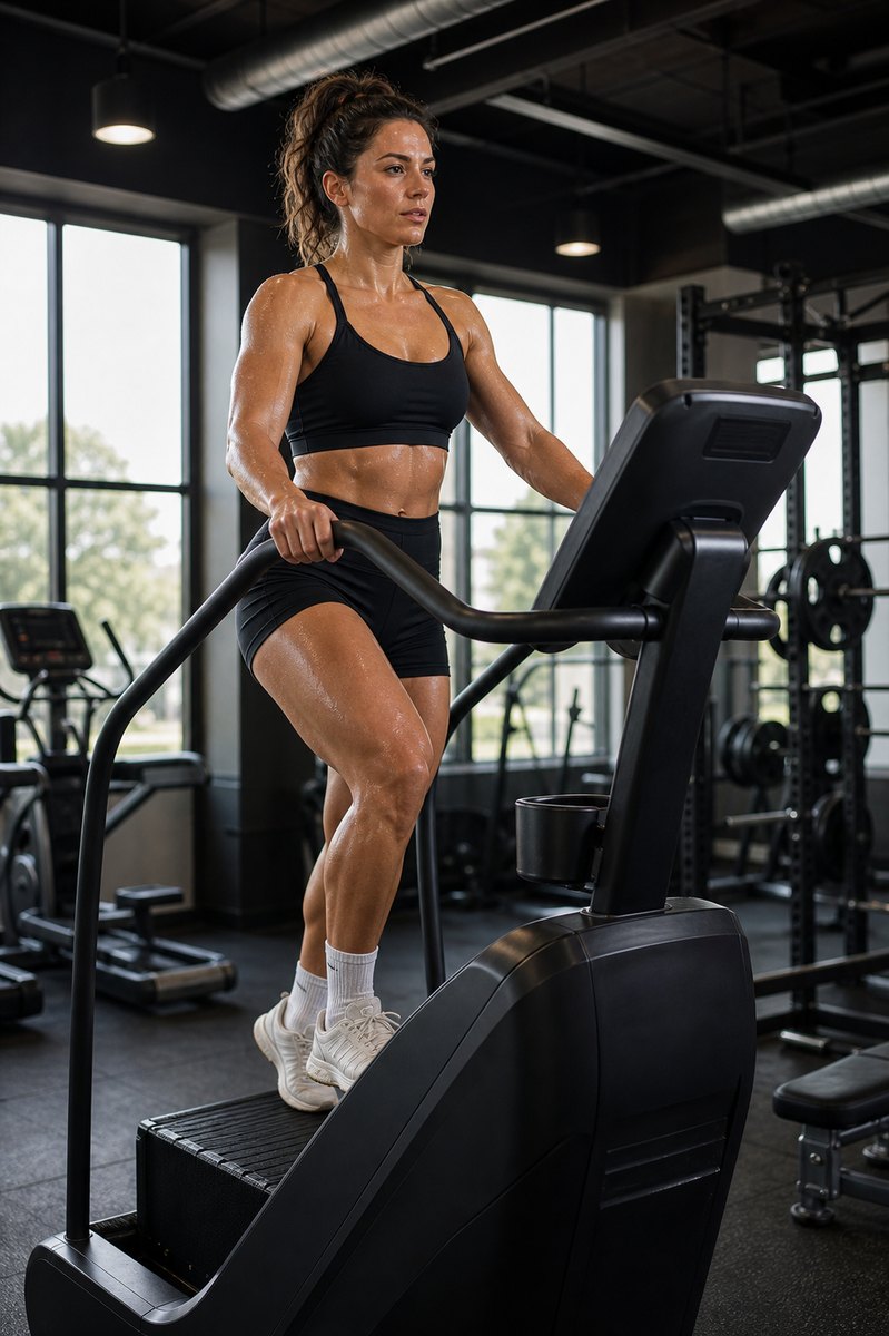 Athletic woman using a stair climber in a gym