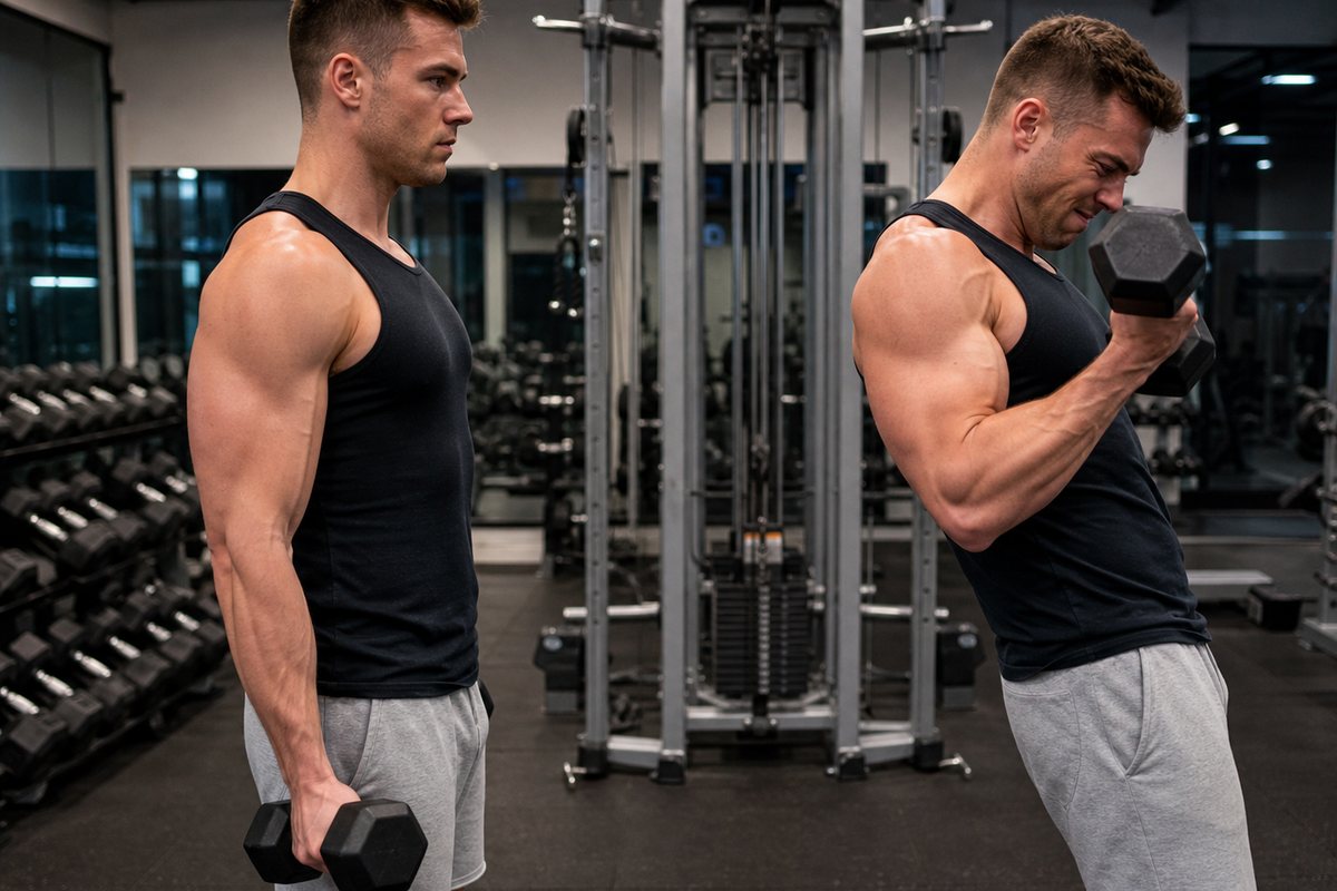 Strict dumbbell curl compared with a swinging curl mistake