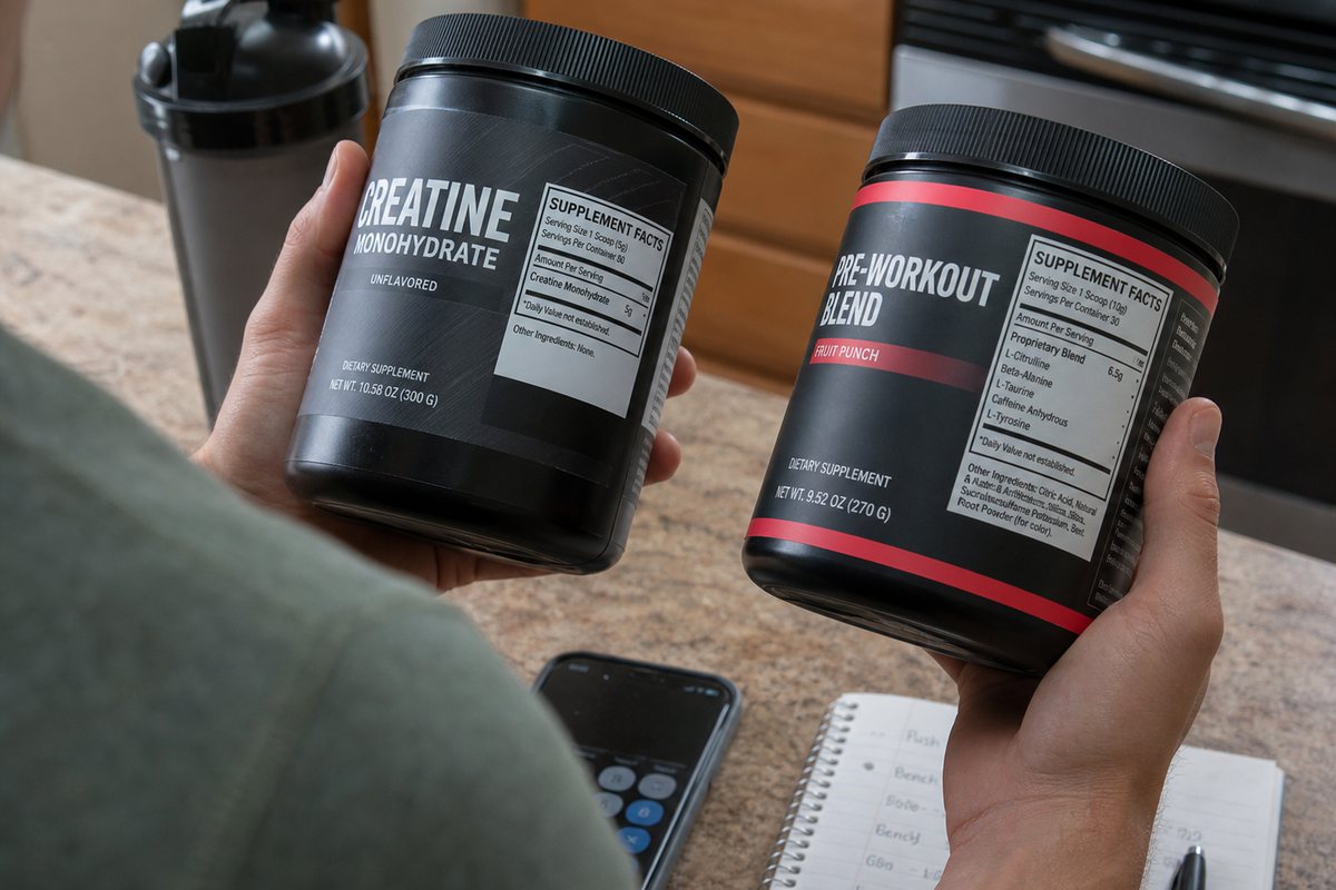 Lifter checking creatine and pre-workout supplement labels before buying