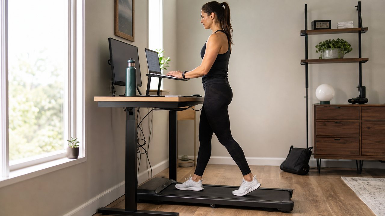 Athlete using a walking pad under a standing desk with upright posture