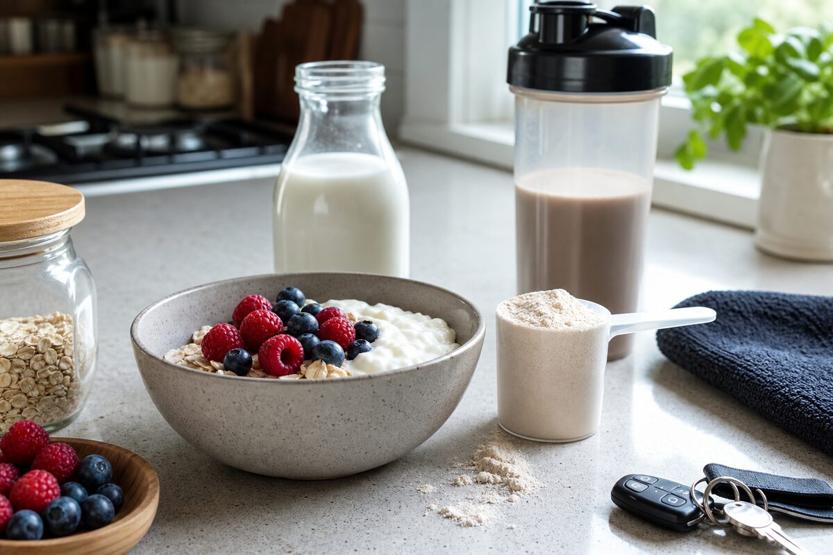 Greek yogurt oats berries and whey protein scoop for a high-protein breakfast
