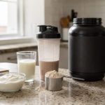 Whey protein powder scoop with shaker bottle and high-protein foods
