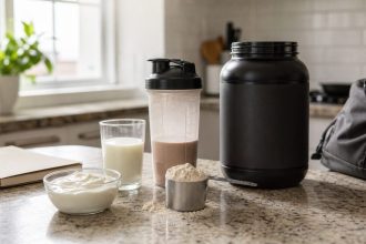 Whey protein powder scoop with shaker bottle and high-protein foods