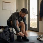 Lifter tying shoes beside gym bag calendar and home training gear