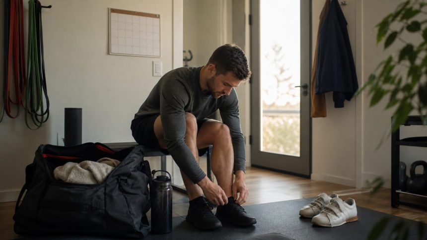 Lifter tying shoes beside gym bag calendar and home training gear