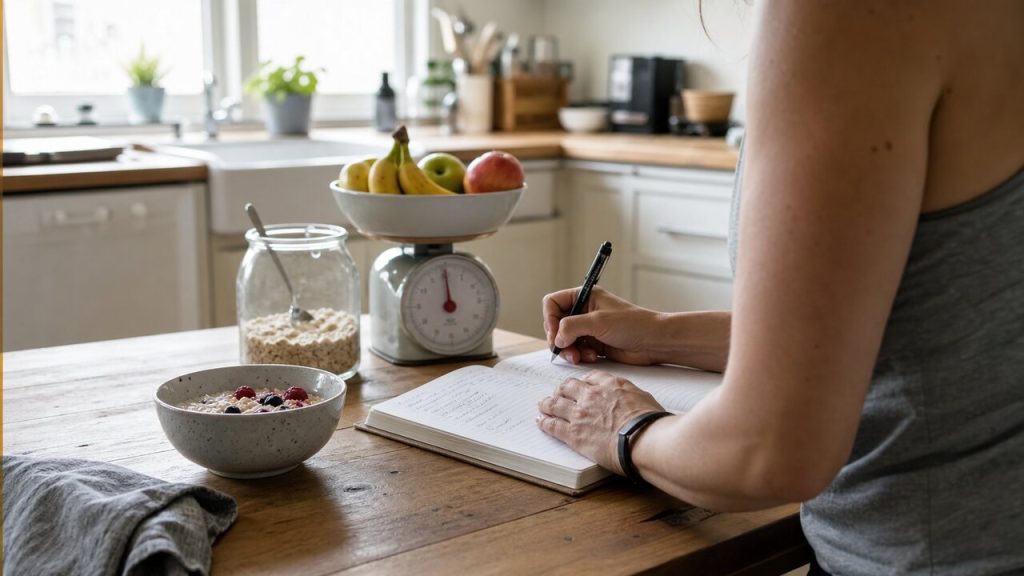 Person recording food and weight notes beside fruit, oats, and an analog kitchen scale