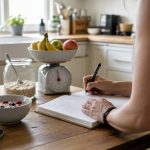 Person recording food and weight notes beside fruit, oats, and an analog kitchen scale