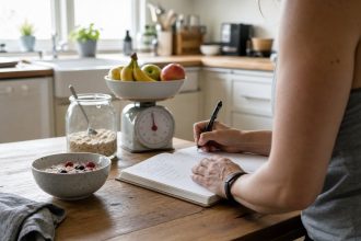 Person recording food and weight notes beside fruit, oats, and an analog kitchen scale
