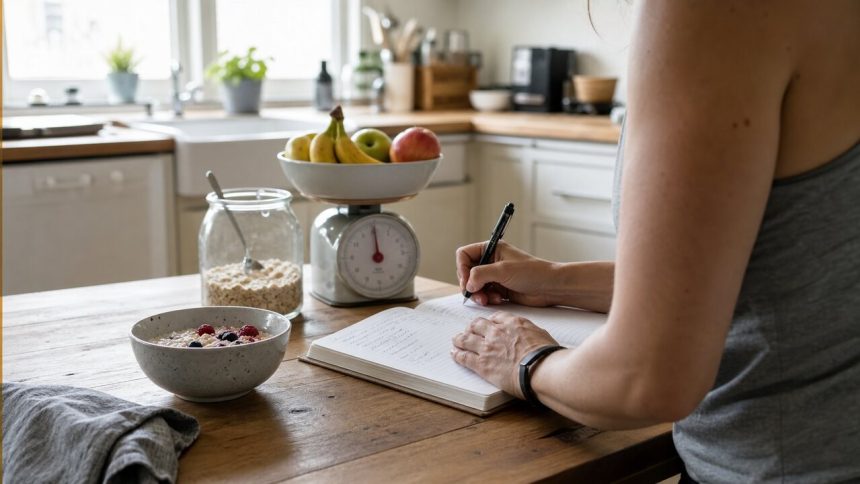 Person recording food and weight notes beside fruit, oats, and an analog kitchen scale