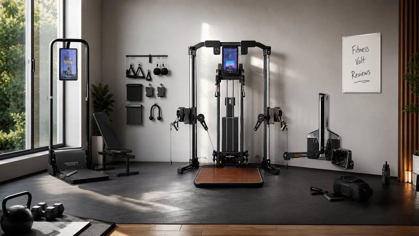 Smart home gym systems arranged in a FitnessVolt connected strength review scene