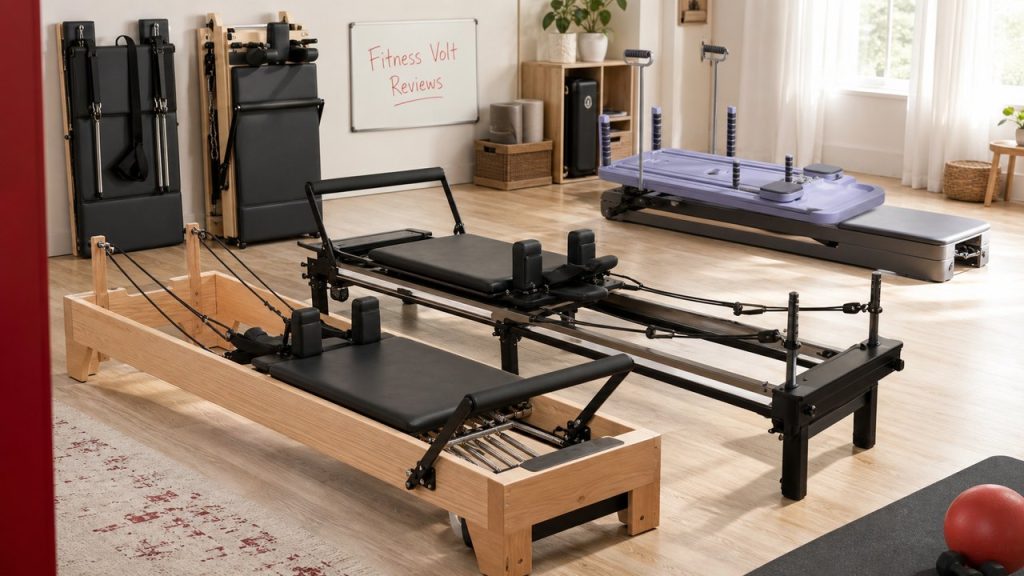 Pilates reformers arranged in a FitnessVolt home studio review scene