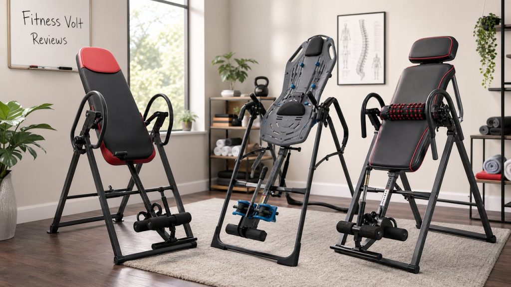 Inversion tables arranged in a FitnessVolt back relief review scene