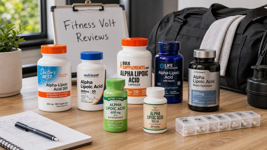 Alpha-lipoic acid supplement bottles arranged for review