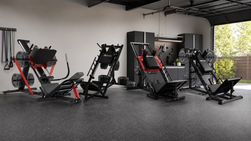 Leg press hack squat machines arranged in a FitnessVolt lower-body review scene